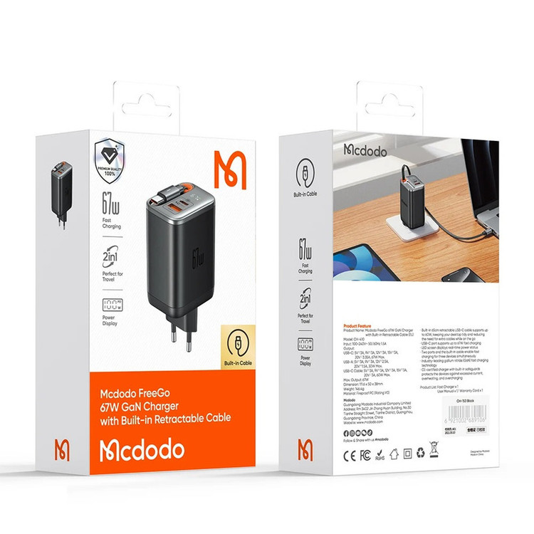 شارژر دیواری 67 وات مک دودو مدل CH-4100 به همراه کابل متصل به بدنه USB-C